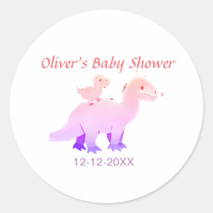 Red pink blue purple dinosaur baby shower add date classic round sticker