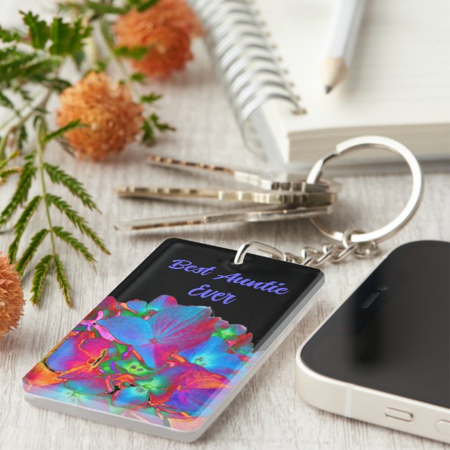 Red pink blue purple floral colourful floral key ring (Front Right)