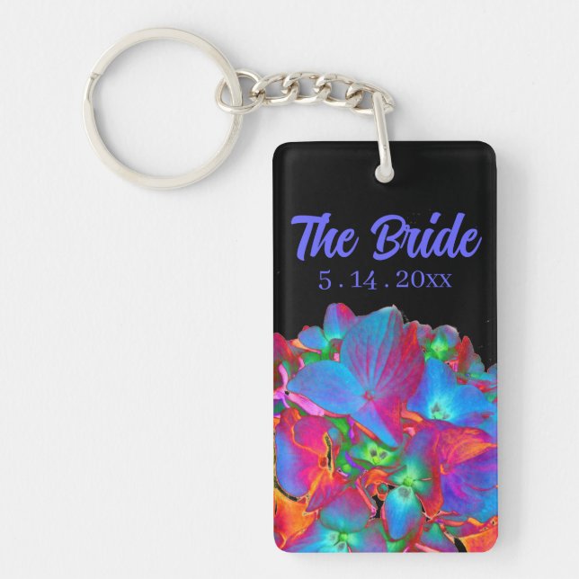 Red pink blue purple floral colourful floral key ring (Front)