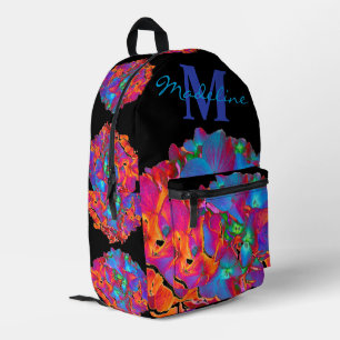 Red pink blue purple floral monogram calligraphy printed backpack