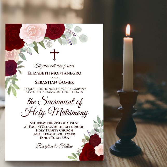 Red & Pink Boho Roses Modern Catholic Wedding Invitation (Creator Uploaded)