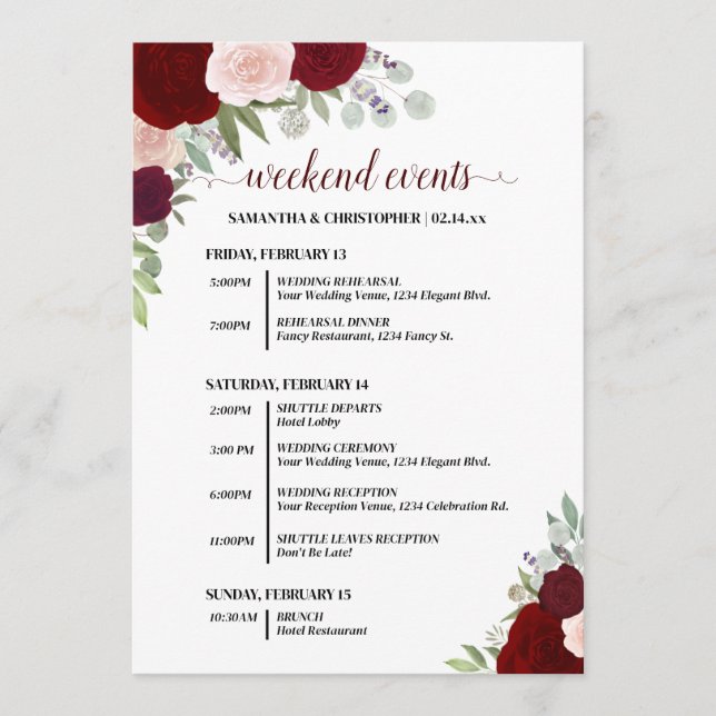 Red & Pink Boho Roses Wedding Events & Timeline Program (Front)