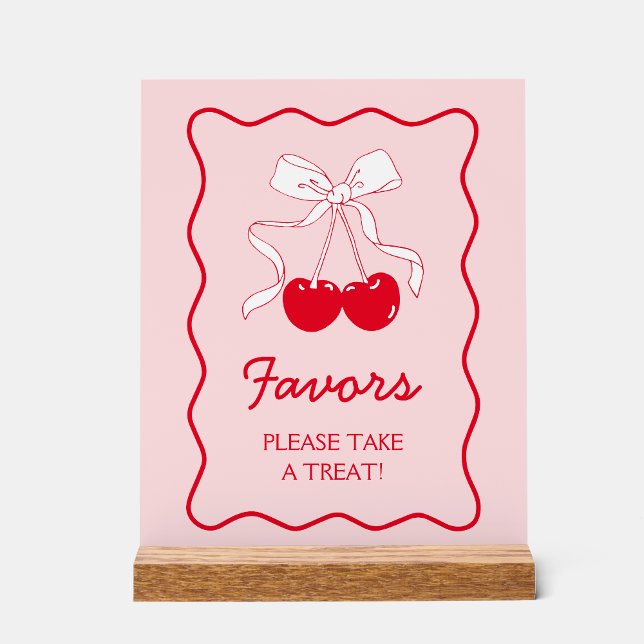 Red Pink Bow Cherry Baby Shower Favour Acrylic Sign (Creator Uploaded)