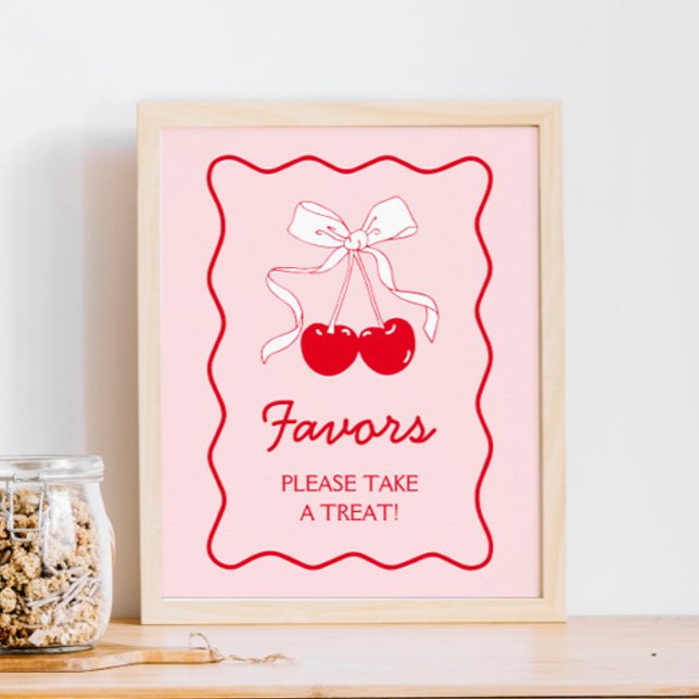 Red Pink Bow Cherry Baby Shower Favour Poster (Creator Uploaded)