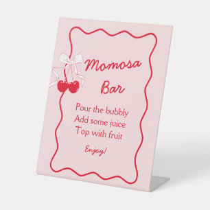 Red Pink Bow Cherry Baby Shower Momosa Bar Pedestal Sign