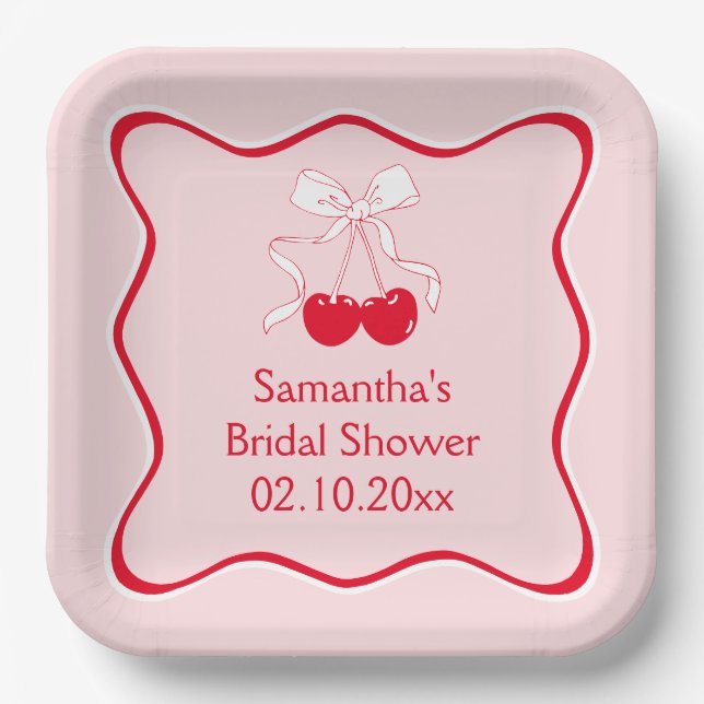 Red Pink Bow Cherry Bridal Shower Paper Plate (Front)
