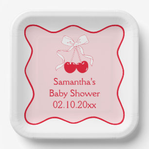 Red Pink  Bow Cherry On Top Baby Shower  Paper Plate