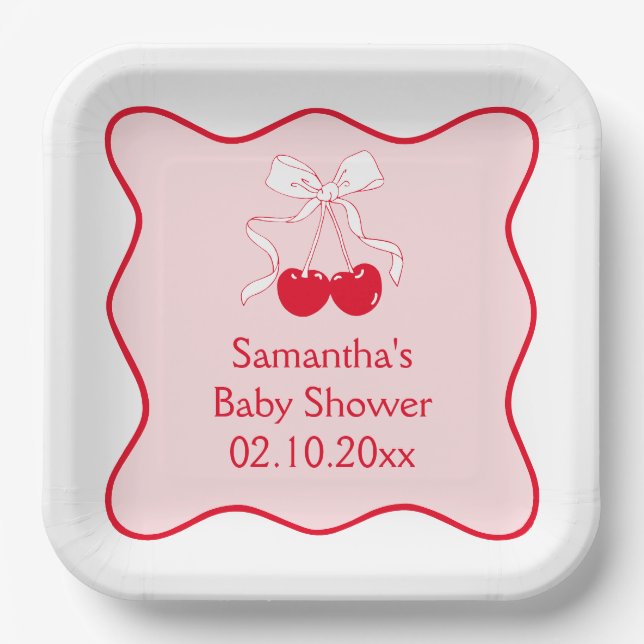 Red Pink  Bow Cherry On Top Baby Shower  Paper Plate (Front)
