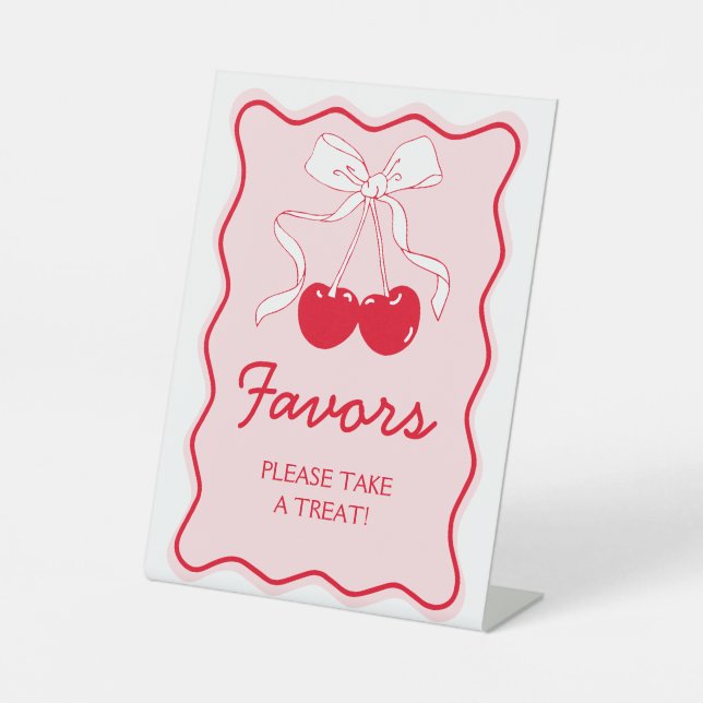 Red Pink Bow Cherry On Top Favour Pedestal Sign (Front)