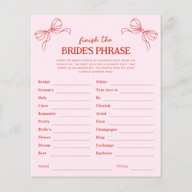 Red & Pink Bow Finish the Bride's Phrase Game (Front)