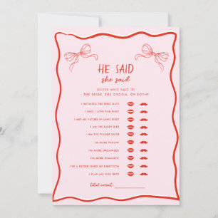 Red Pink Bow He Said She Said Bridal Shower Game Invitation