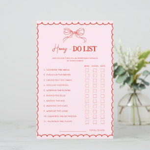 Red Pink Bow Xmas Honey Do List Bridal Shower Game