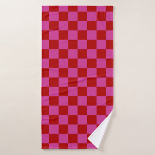 Red + Pink Check Checkered Checkerboard Pattern Bath Towel