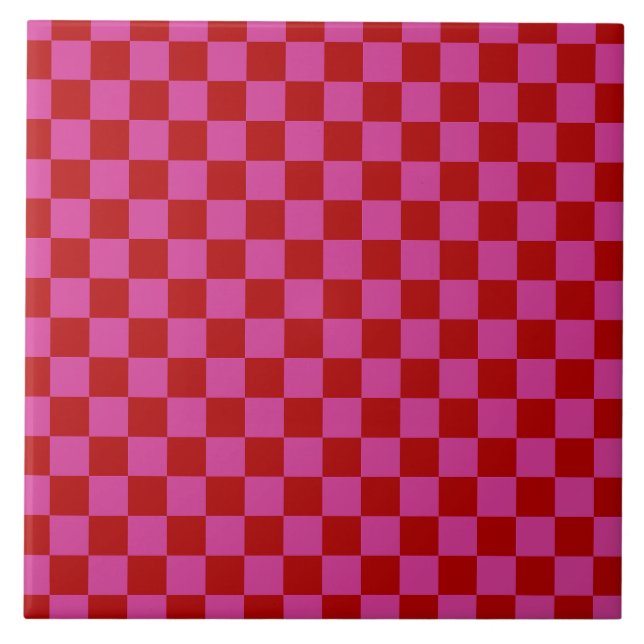 Red + Pink Check Chequered Chequerboard Pattern Ceramic Tile (Front)