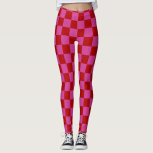 Red + Pink Check Chequered Chequerboard Pattern Leggings