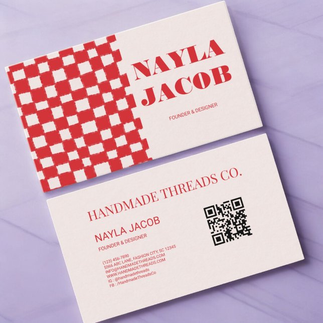 Red Pink Chequerboard Pattern QR Code Handmade Business Card (Creator Uploaded)