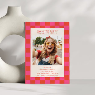 Red Pink Chequered Sweet 16 Photo Birthday Party Invitation