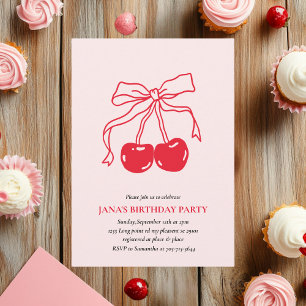  Red & Pink Cherry Birthday Party Invitation