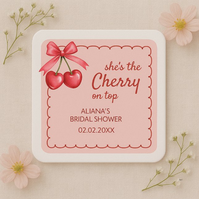 Red & Pink Cherry On Top Cherry Bridal Shower Square Paper Coaster (Creator Uploaded)