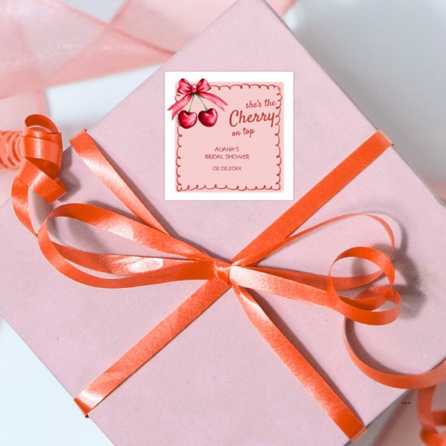 Red & Pink Cherry On Top Cherry Bridal Shower Square Sticker (Creator Uploaded)