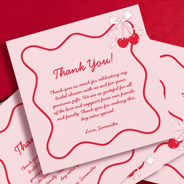 Red Pink Cherry Valentines Bridal Shower  Thank You Card (Creator Uploaded)