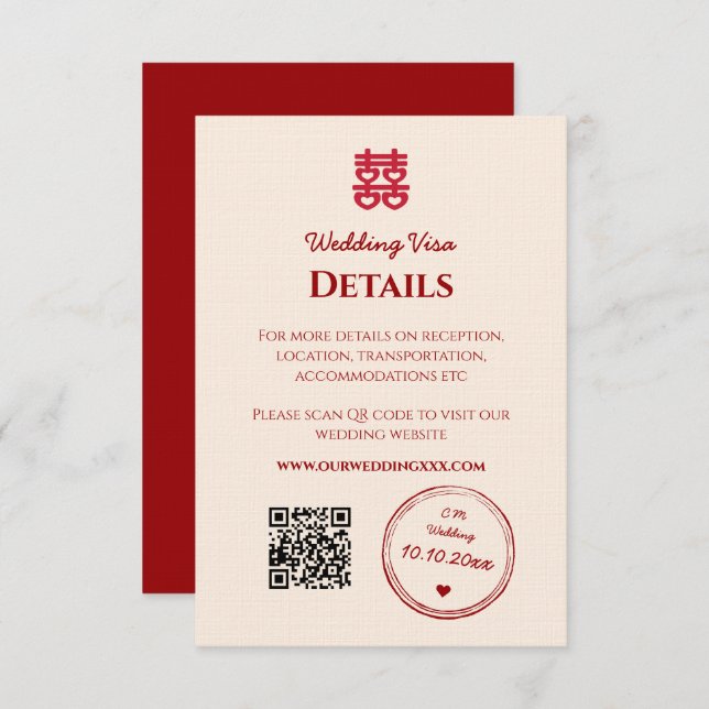 Red pink chinese wedding visa details enclosure card (Front/Back)