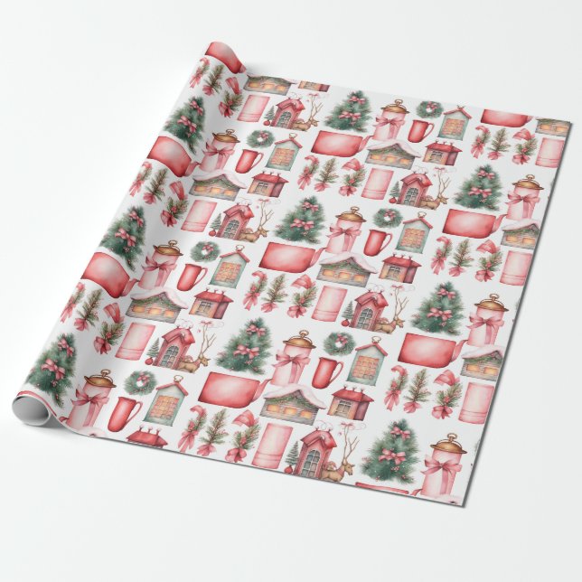 Red Pink Christmas Tree Wreath Pattern Wrapping Paper (Unrolled)