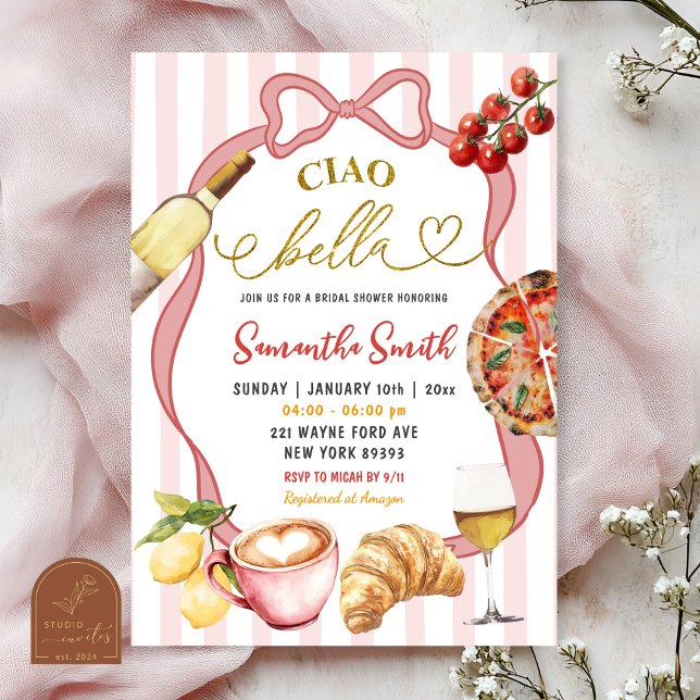 Red Pink Coquette Stripes Italy Ciao Bella Bridal Invitation (Creator Uploaded)