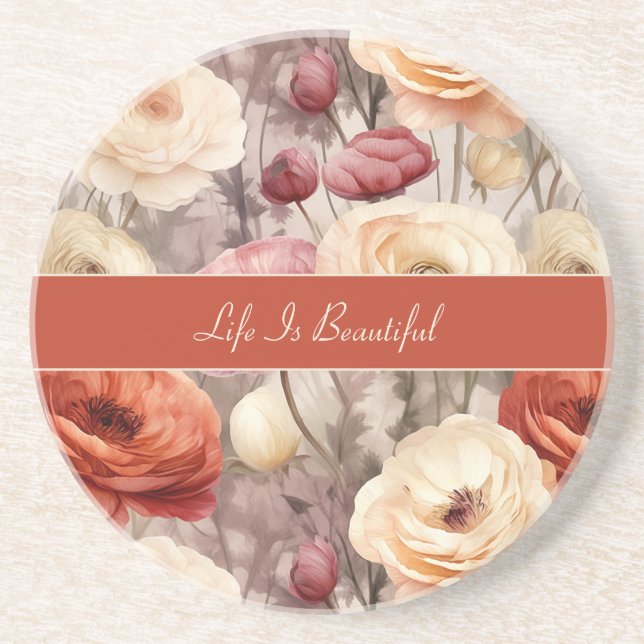 Red Pink Cream Ranunculus Flowers   Coaster (Front)