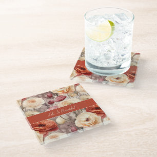 Red Pink Cream Ranunculus Flowers Glass Coaster
