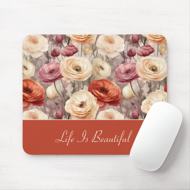 Red Pink Cream Ranunculus Flowers   Mouse Pad (With Mouse)