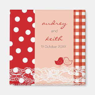 Red & Pink Cute Birds Scrapbook Lace Save The Date Magnet