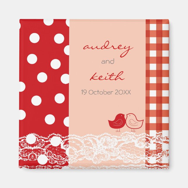Red & Pink Cute Birds Scrapbook Lace Save The Date Magnet (Front)