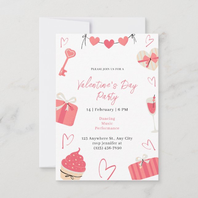 Red Pink Cute Simple Illustrated Valentine's Day  Invitation (Front)