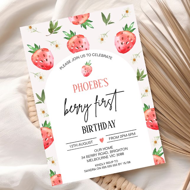 Red Pink Daisy Strawberry Berry First Birthday Invitation (Modern Berry First Birthday Invitation, Strawberry Strawberries Red Pink Arch Daisy 1st Birthday)