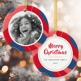 Red pink dark blue retro Christmas photo Ceramic Ornament