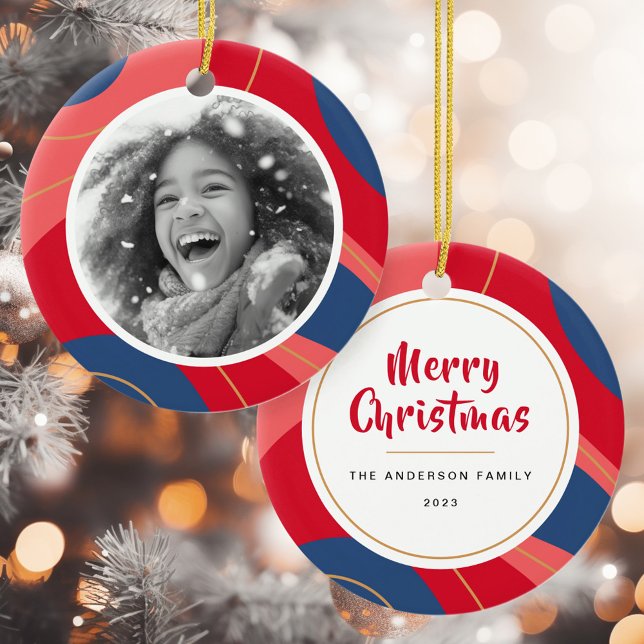 Red pink dark blue retro Christmas photo Ceramic Ornament (Red pink dark blue retro Christmas photo Ceramic Ornament)