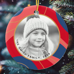 Red pink dark blue retro christmas photo ceramic ornament