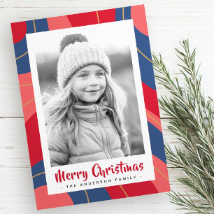 Red pink dark blue retro merry Christmas photo Holiday Card