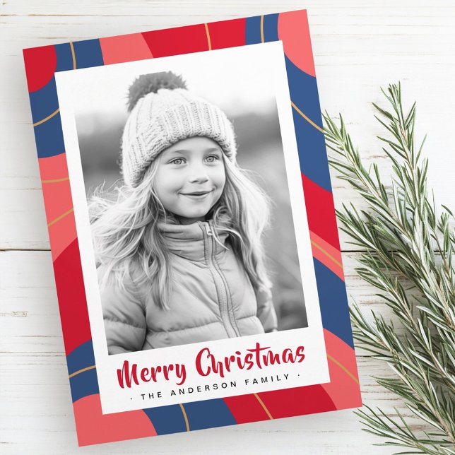 Red pink dark blue retro merry Christmas photo Holiday Card (Red pink dark blue retro merry Christmas photo holiday card)