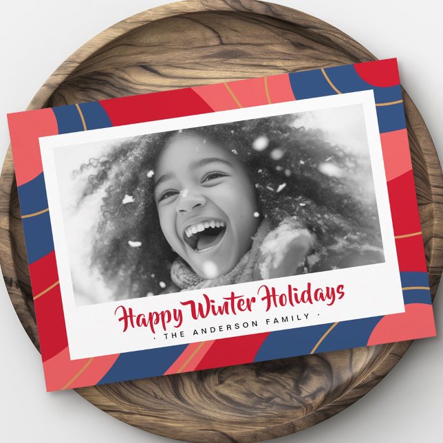 Red pink dark blue retro merry christmas photo holiday card (Red pink dark blue retro merry christmas photo holiday card)