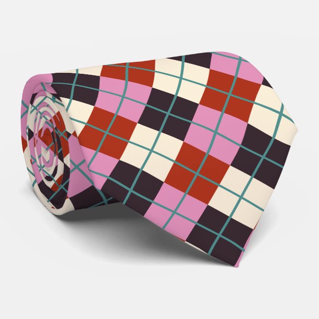 Red Pink Eggplant Ivory Teal Retro Plaid Tie (Rolled)