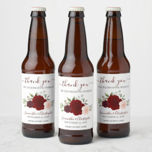 Red & Pink Elegant Boho Roses Wedding Thank You Beer Bottle Label