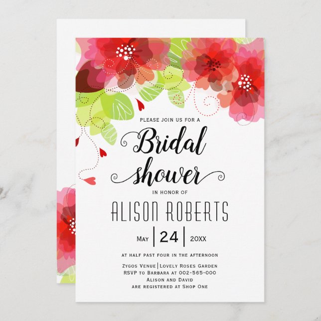 Red, pink ethereal flowers wedding bridal shower invitation (Front/Back)