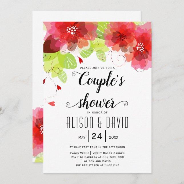 Red, pink ethereal flowers wedding couples shower invitation (Front/Back)