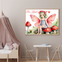 Red Pink Fairy with Mushrooms Be Kind Quote