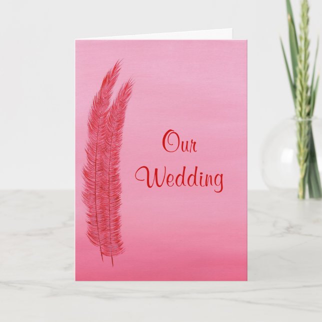 Red Pink Feathers Wedding Invitations Cards (Front)