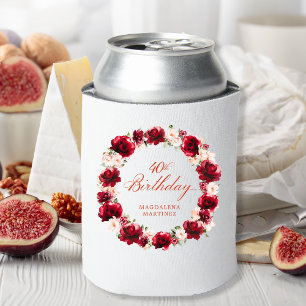 Red Pink Floral 40th Birthday Personalised Can Cooler