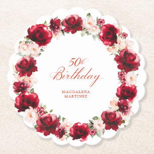 Red Pink Floral 50th Birthday Party Personalised Paper Coaster