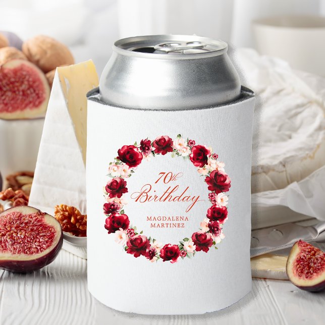 Red Pink Floral 70th Birthday Personalised Can Cooler (Creator Uploaded)